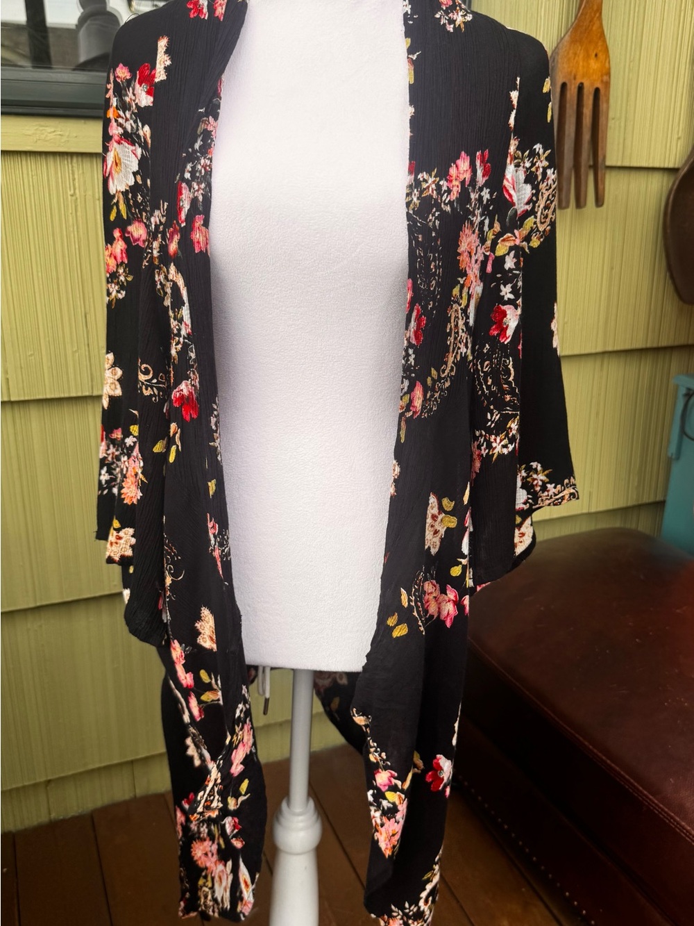 Patrons of Peace Black Floral Open-Front Cardigan with Pink and Cream Accents